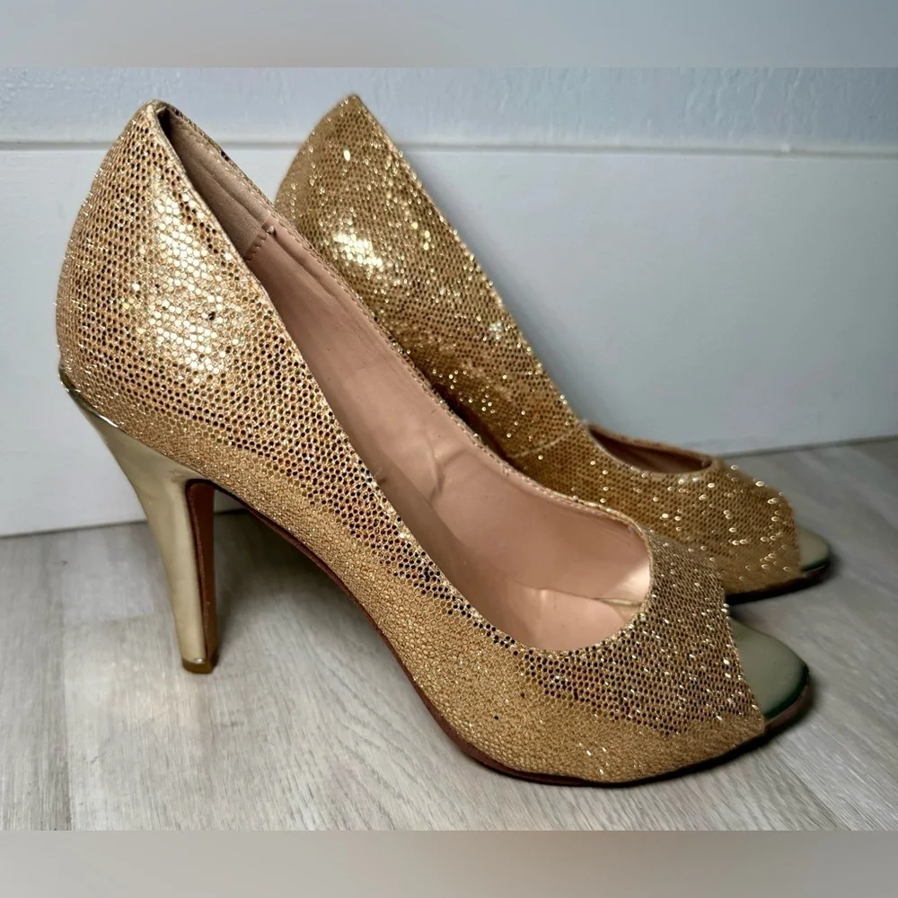 Jimmy Choo Gold Glitter Peep Toe Pumps Women’s EU 38 US 7.5 Stiletto Heels